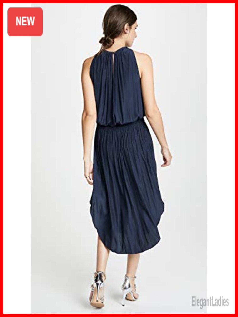 High Neck Midi Dress with Smocked Waist, Relaxed Fit, Sleeveless Casual Dress - Picture 2 of 5